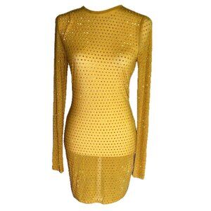 PrettyLittleThing Naomi Campbell Yellow Crystal Studded Mesh LS Mini Size 8